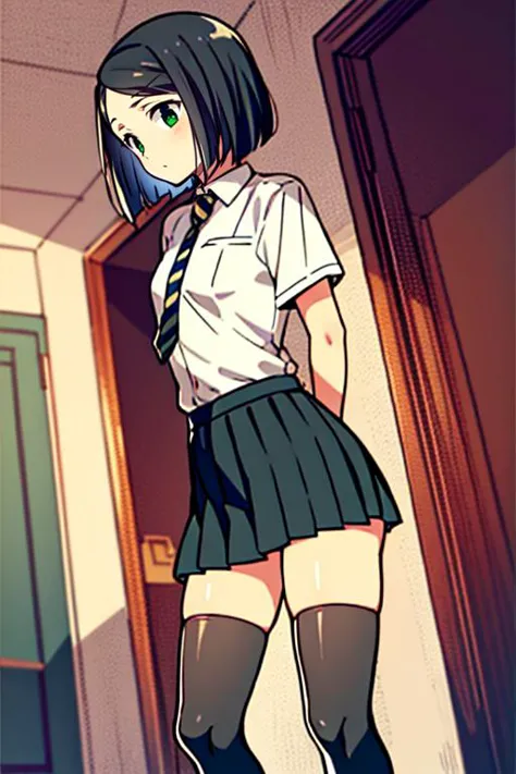 anime girl in school uniform standing in a hallway