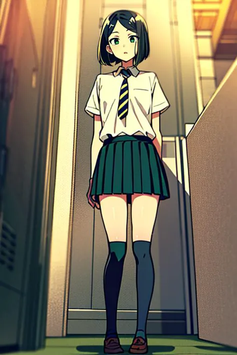 anime girl in school uniform standing in hallway with door open