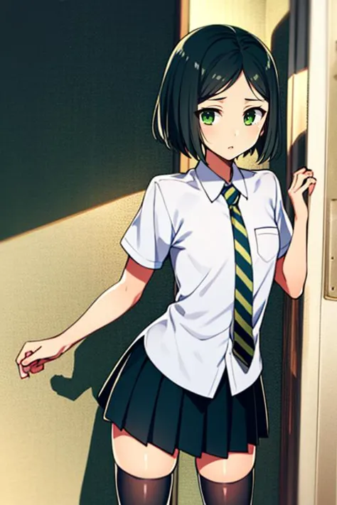 anime girl in school uniform standing in front of a door