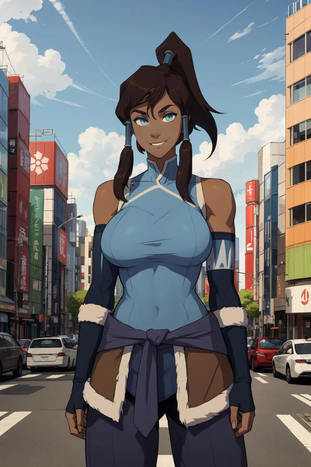 1girl, (solo:1.2), curvy, (masterpiece:1.2), (best quality:1.2), (perfect anatomy:1.4), (standing:1.4), (confident:1.2), smile, (large breasts:1.4), (cowboy shot:1.2),, korra, long hair, (brown hair:1.2), black hair, blue eyes, ponytail, dark skin, dark-skinned female, topknot, (hair tubes:1.4), fur-trimmed jacket around waist, (blue halterneck top:1.3), armlet, vambraces, (bare shoulders:1.3), (arm_warmers:1.3), sleeveless, (city center:1.3), (tokyo:1.2), highrise buildings, daylight, on the street, cars,, sinensian, (soft shading:1.2)