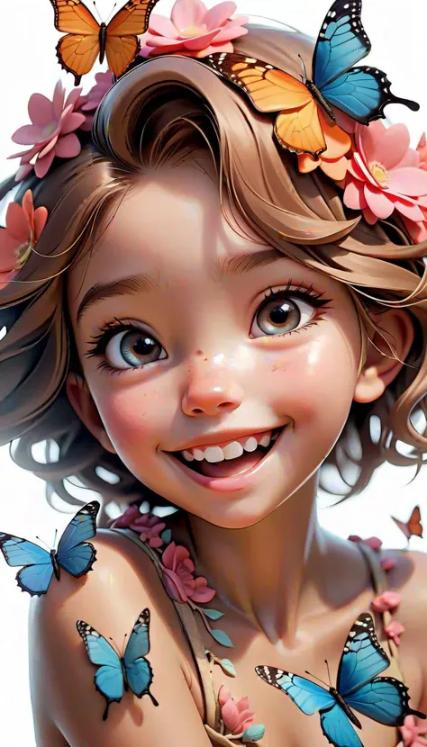 Generate a highly detailed and photorealistic portrait of a laughing young girl, featuring a beautiful butterfly perched on her ...
