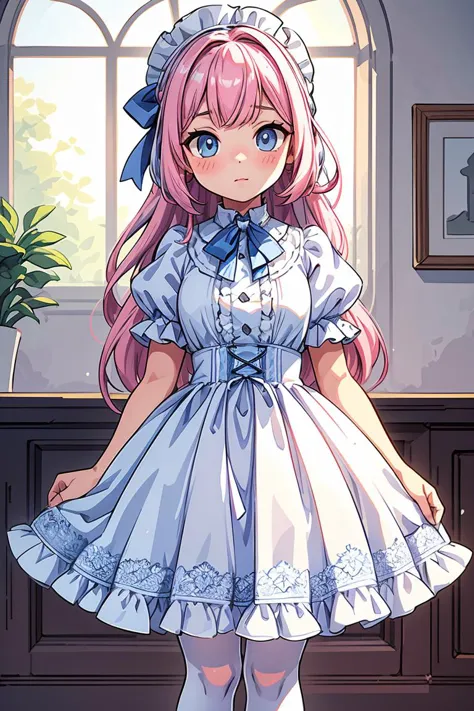 (masterpiece, best quality), 1girl, blue and white frill dress, (white stockings), pink hair, cute face, standing, indoor, intri...