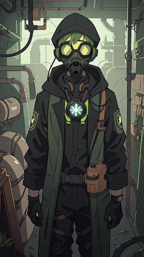 (masterpiece, best quality), 1boy, gas mask, ((goggles)), dark mood, hazard suit, hood up, gloves, dystopia, science fiction, in...