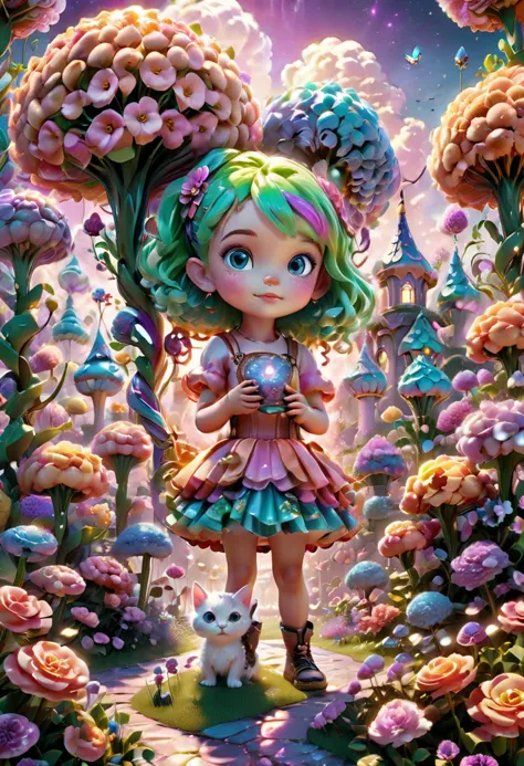 captivating child holding a kitten, vibrant neon hair, enchanting and mysterious, drawing the viewer in, 3d style, fantasy flowe...