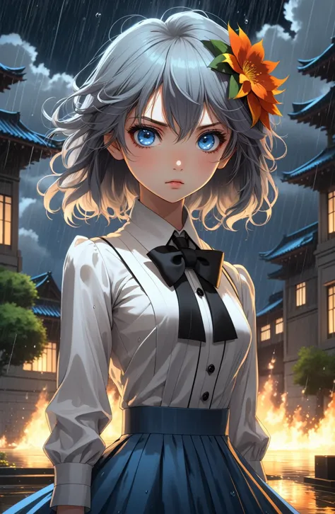 beautiful detailed girl,beautiful detailed glow, flames of war, nuclear explosion behide,rain,detailed lighting,detailed water, beautiful detailed eyes, expressionless,palace,azure hair,disheveled hair,long bangs,hairs between eyes, whitegrey dress, black ribbon, white bowties, midriff,big forhead, blank stare, flower, long sleeves
 <lora:anime_sdxl_v2:0.6> anime