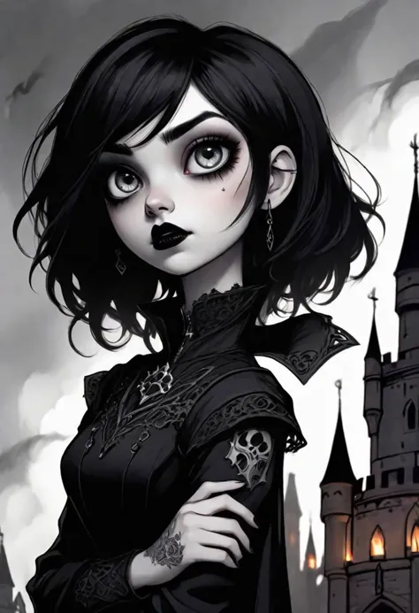 lineart, line art, dark fantasy style, gothic style, ((masterpiece, best quality)), 1girl, goth, black lipstick, (heterochromia:1.1), very short black hair, messy hair, intricate embroidery, disgust, contempt, authority, upper body, from below, angle, tilted head, gothic castle background, ((sketch)) background, fire light source, gloomy atmosphere, strong rim lighting, volumetric lighting,