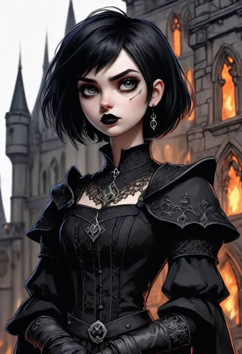 a woman in a black dress and black gloves standing in front of a castle