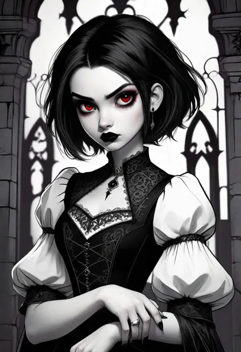 lineart, line art, dark fantasy style, gothic style, ((masterpiece, best quality)), 1girl, goth, black lipstick, dark red eyes, ...