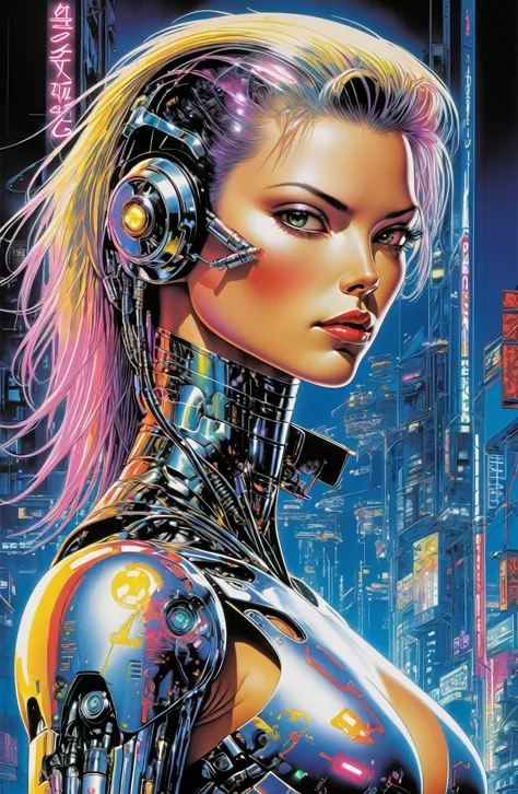 poster of a female cyberpunk cyborg, artwork by Hajime Sorayama and keith parkinson, vibrant colors, lasers, neons, vibrant colo...