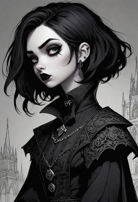 lineart, line art, dark fantasy style, gothic style, ((masterpiece, best quality)), 1girl, goth, black lipstick, very short blac...