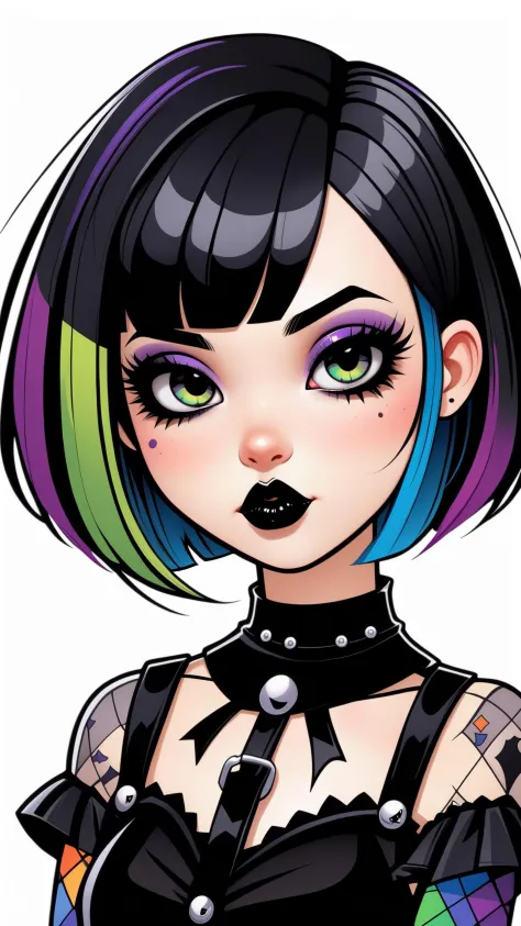 kawaii cute goth girl in a cartoon style, 1girl,solo, upper body, looking at viewer, white background, bob cut, short hair, mult...
