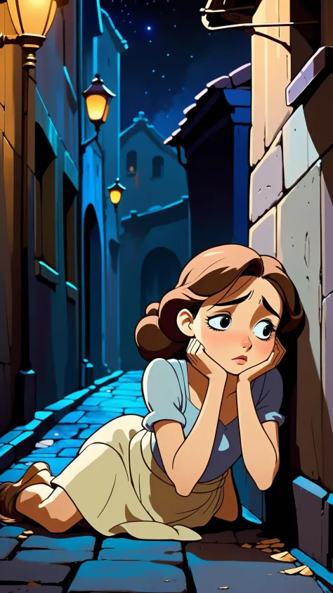 "Disney style, A beautiful young woman (depressed, sad, crying:1.3) lying collapsed on the ground against a wall in a dark myste...