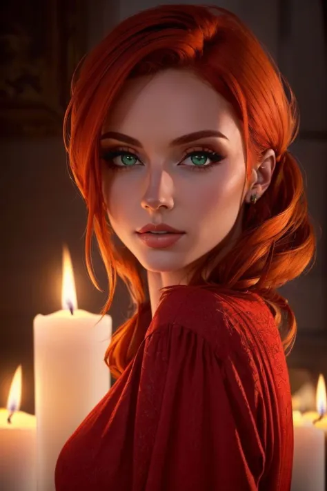 (rule of thirds), (masterpiece), (highly detailed), (realistic), (photorealistic), (Amouranth, red hair, 1girl, red dress,) (green eyes:0.7) (candles, atmospheric lighting, cinematic lighting, dark,) (portrait, close up,)  