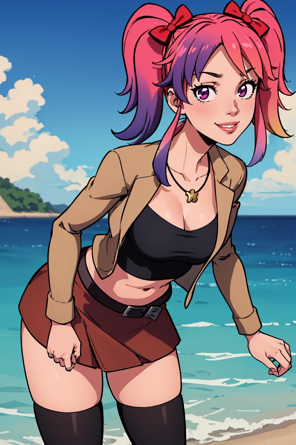 A woman with pink hair and a brown jacket standing on a beach - SeaArt AI