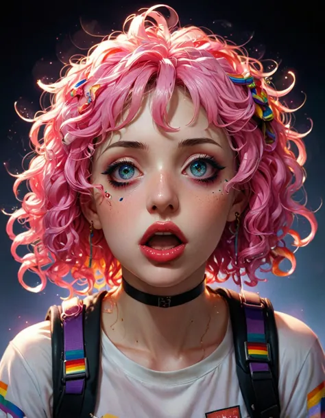 a woman with pink hair and a rainbow - colored wig