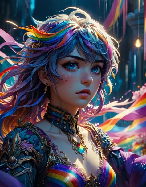 a woman with colorful hair and a rainbow dress in a fantasy setting