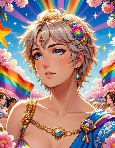 a woman with a rainbow in her hair and a dress