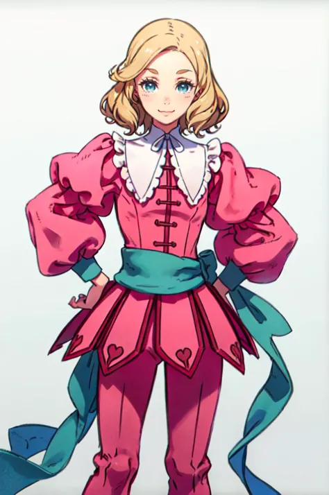 solo, cowboy shot, smile, hands on own hips, <lora:CastlevaniaMaria-v1:0.6> ChopioMaria, blue eyes, blonde hair, very long hair, wavy hair, eyelashes, ||outfit_1, green hair ribbon, low ponytail, pink dress, white collar, pilgrim collar, white ribbon, frills, puffy sleeves, juliet sleeves, green sash, pink pants, layered pants, shoes, brown footwear,  <lora:kuroboshi_kouhaku_style_v01:1>, absurdres, ultra detailed, masterpiece, best quality, aesthetic, detailed,