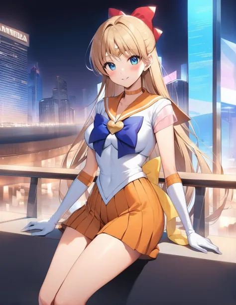 a woman in a sailor suit sitting on a ledge in front of a city