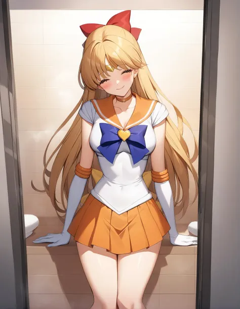 best quality, ultra-detailed, 1girl, solo,<lora:sdxl-sailor-venus-v1:1>, sailorvenus, xsuperuniformx, (heartbrooch:0.3), long hair, choker, gloves, relaxed posture, elbows extended, standing, knees ,closed eyes smile:1.2, <lora:ALTXL_001_4:2>, in a shower