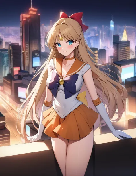 a woman in a sailor outfit standing on a ledge in front of a city