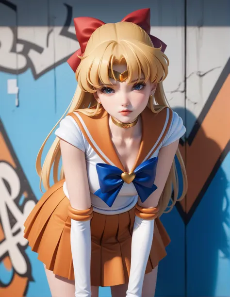 best quality, ultra-detailed, masterpiece,1girl, solo,<lora:sdxl-sailor-venus-v3:1>, sailorvenus, xsuperuniformx, (heartbrooch:0.3), choker,blonde hair, hair bow , gloves, pleated orange skirt, relaxed posture, elbows extended, standing, knees ,,, <lora:ALTXL_001_4:2>, staring, BREAK  in front of a graffit wall