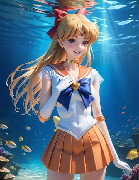 best quality, ultra-detailed, ,1girl, solo,<lora:sdxl-sailor-venus-v2:1>, sailorvenus, xsuperuniformx, (heartbrooch:0.3), choker, circlet, hair bow , gloves, pleated skirt, standing ,, , smile fang,<lora:ALTXL_001_4:2>, , underwater