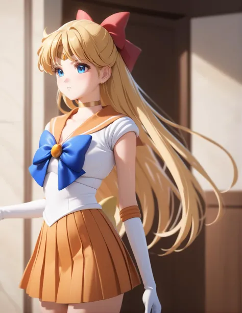 best quality, ultra-detailed, ,1girl, solo,<lora:sdxl-sailor-venus-v3:1>, sailorvenus, xnormaluniformx, choker,blonde hair, hair bow , gloves, pleated orange skirt, relaxed posture, elbows extended, standing, knees ,,, <lora:ALTXL_001_4:2>, ;<, BREAK  in a fairytale land