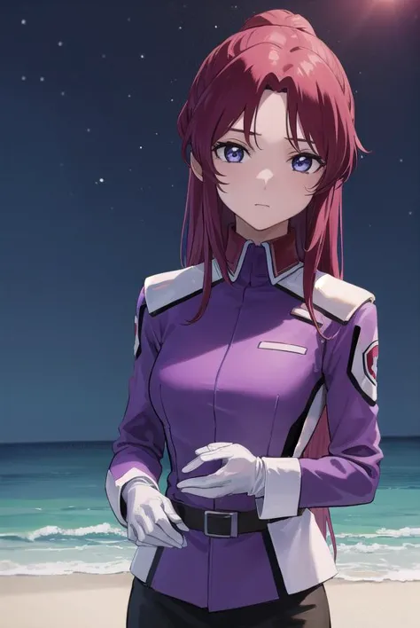 a woman in a purple uniform standing on a beach