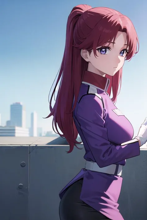 anime girl with red hair and purple shirt holding a cell phone