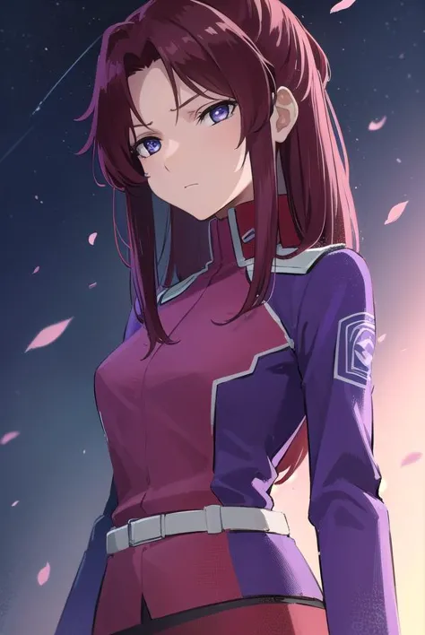 a woman in a purple and red outfit standing in front of a sky