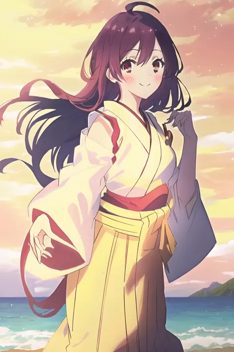 anime girl in kimono outfit walking on beach with ocean in background