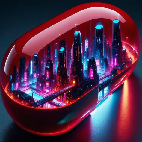 red pill, portion that is transparent, revealing a vibrant cyberpunk cityscape inside, The cyberpunk city is depicted with neon ...