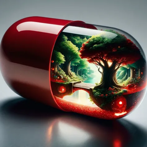 red pill, pill partially see-through, high contrast, amazing detailed, fairy tail inside the pill, trees and magic inside 
 <lor...