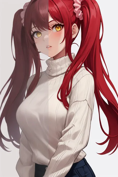 anime girl with red hair and white shirt with pink flower in her hair