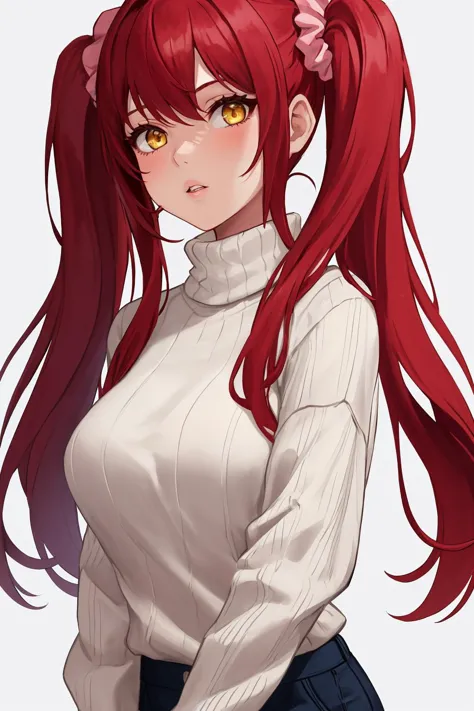 a close up of a woman with long red hair and a white shirt