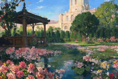 painting of a gazebo in a garden with flowers and a pond