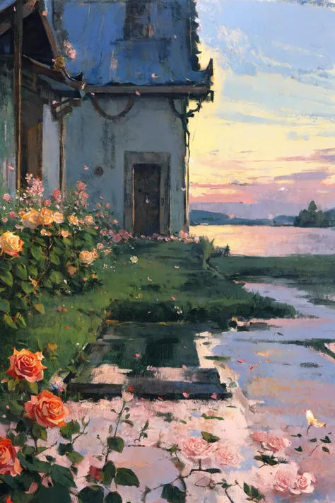 painting of a house with a garden and flowers by the water