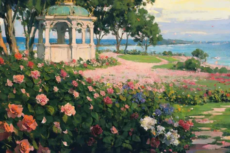 painting of a gazebo surrounded by flowers and trees near the water