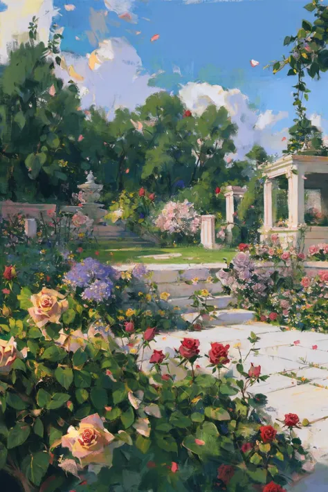 a painting of a garden with roses and a gazebo