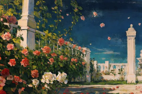 painting of a garden with roses and a white fence