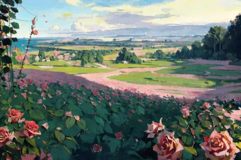 painting of a field of roses with a view of a valley