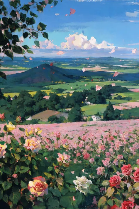 painting of a field of roses with a view of a valley