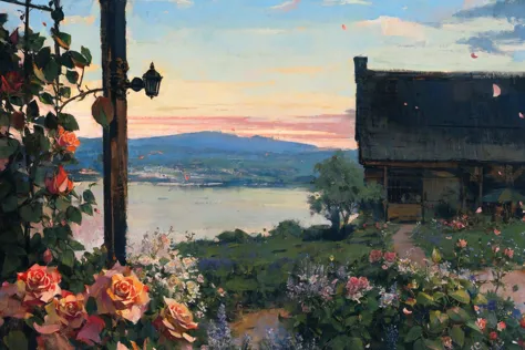 painting of a house with a view of a lake and a field of flowers