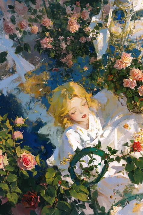 painting of a girl laying in a garden with roses