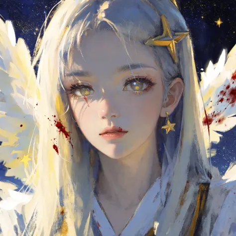 anime girl with angel wings and blood on her face