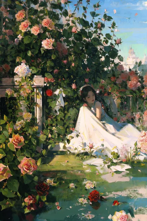 painting of a woman sitting in a garden with roses