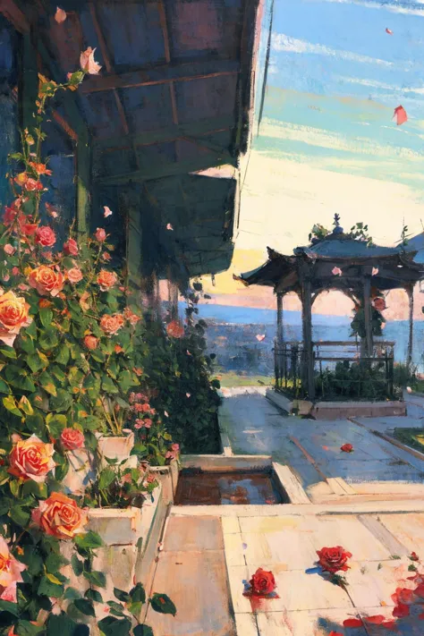 painting of a gazebo with roses and a bench in the foreground