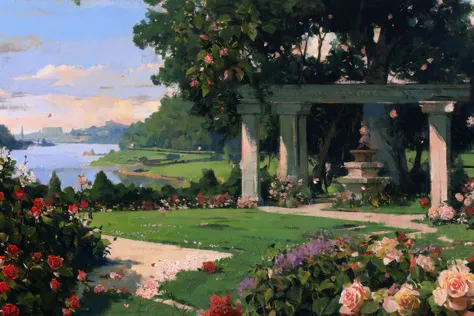 painting of a garden with flowers and a gazebo in the background