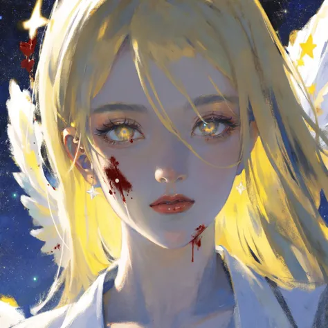 masterpiece,best quality,illustration,1girl,(close-up:1.3),face_focus,(beautiful detailed girl),beautiful detailed glow,(blood from eyes:1.3),(beautiful detailed eyes),angel halo,white hair,sunlight,thinking,lonely,closed mouth,extremely light,Holy Light,dynamic angle,Light particle,(hime cut:1.3),very long hair,(((pupils))),expressionless,looking at viewer,angel wings,large wings,multiple wings,(((starry sky))),dusk sky,Floating light spot,Lots of feathers,<lora:å¢å å²è¯ç»é¢æ°å´åæå¾ç»è_v1.0:0.7>,<lora:fashionGirl_v53:0.3>,